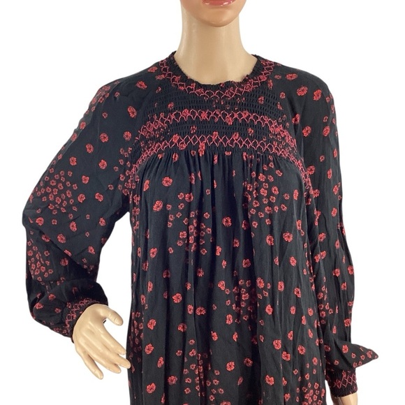 Free People Black Floral Smocked Swing Tunic Mini Dress M - Picture 2 of 7